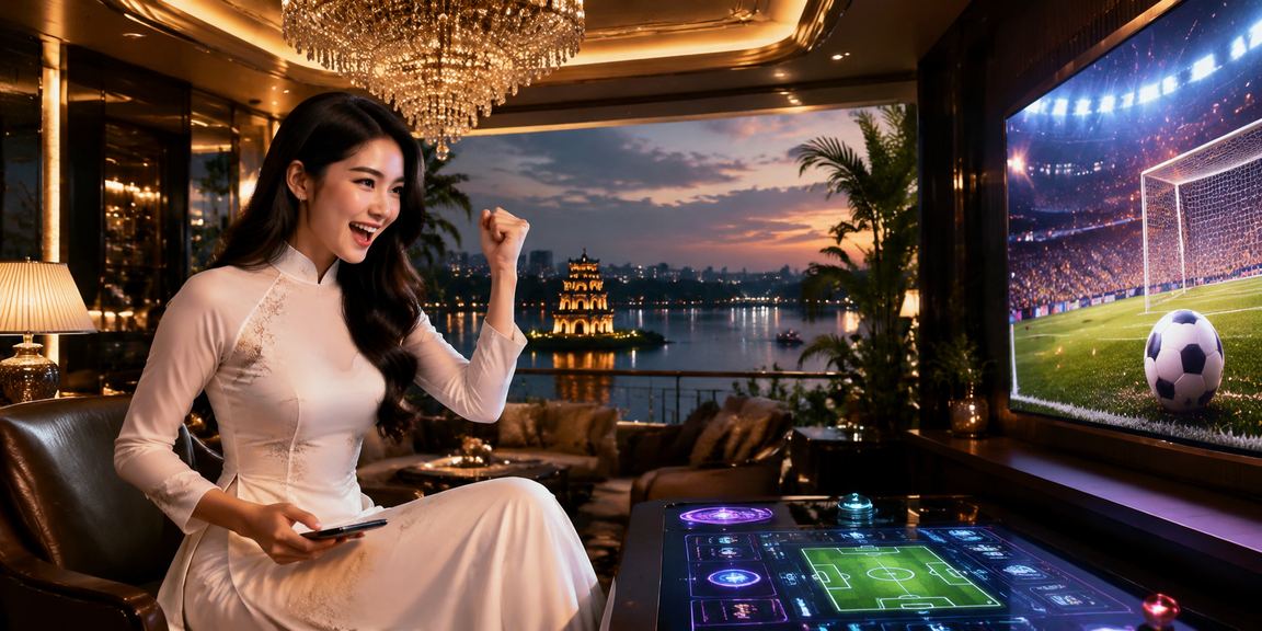 Người chơi Hà Nội trong trang phục áo dài theo dõi kết quả xổ số trực tuyến